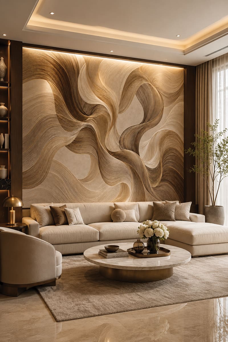 Living room with a sculpted abstract mural in warm sand and bronze tones